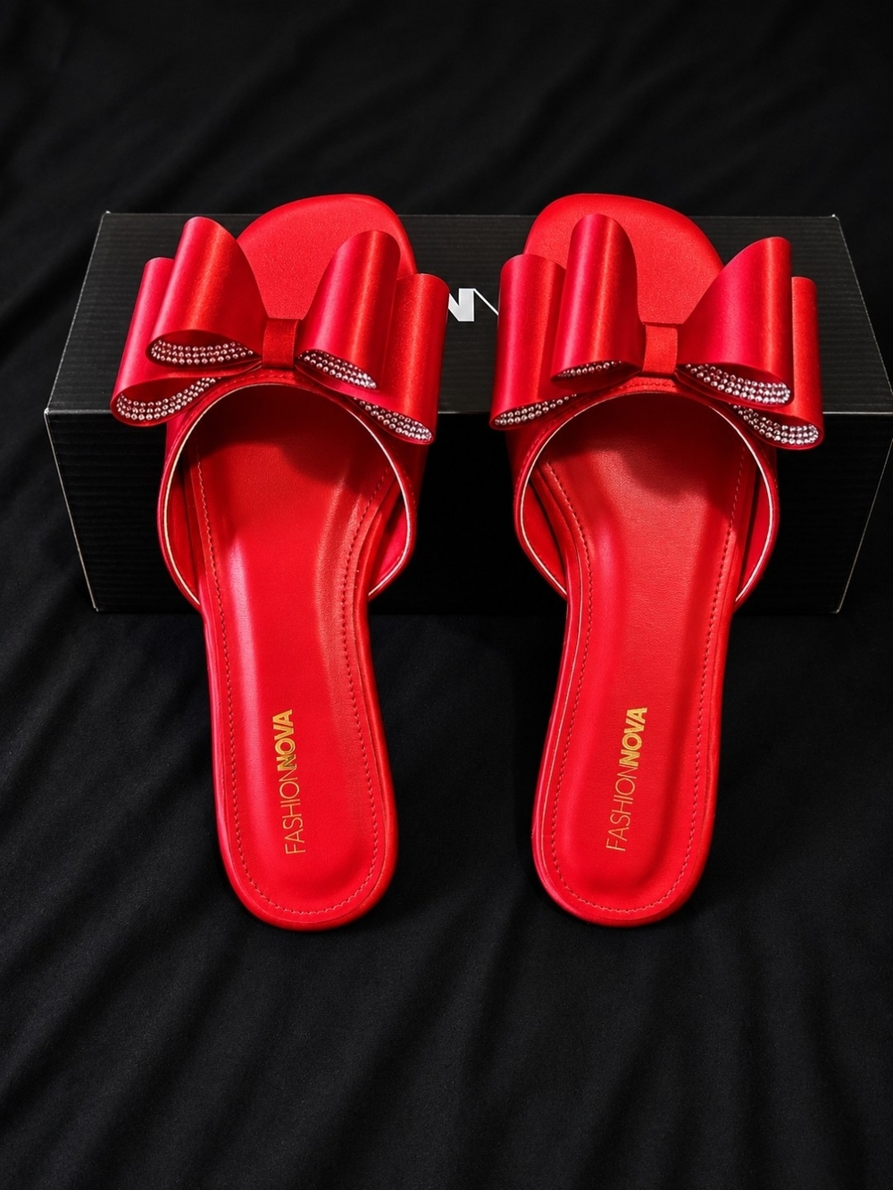 Fashion Nova Red Bow Slide Mules with Rhinestone Trim